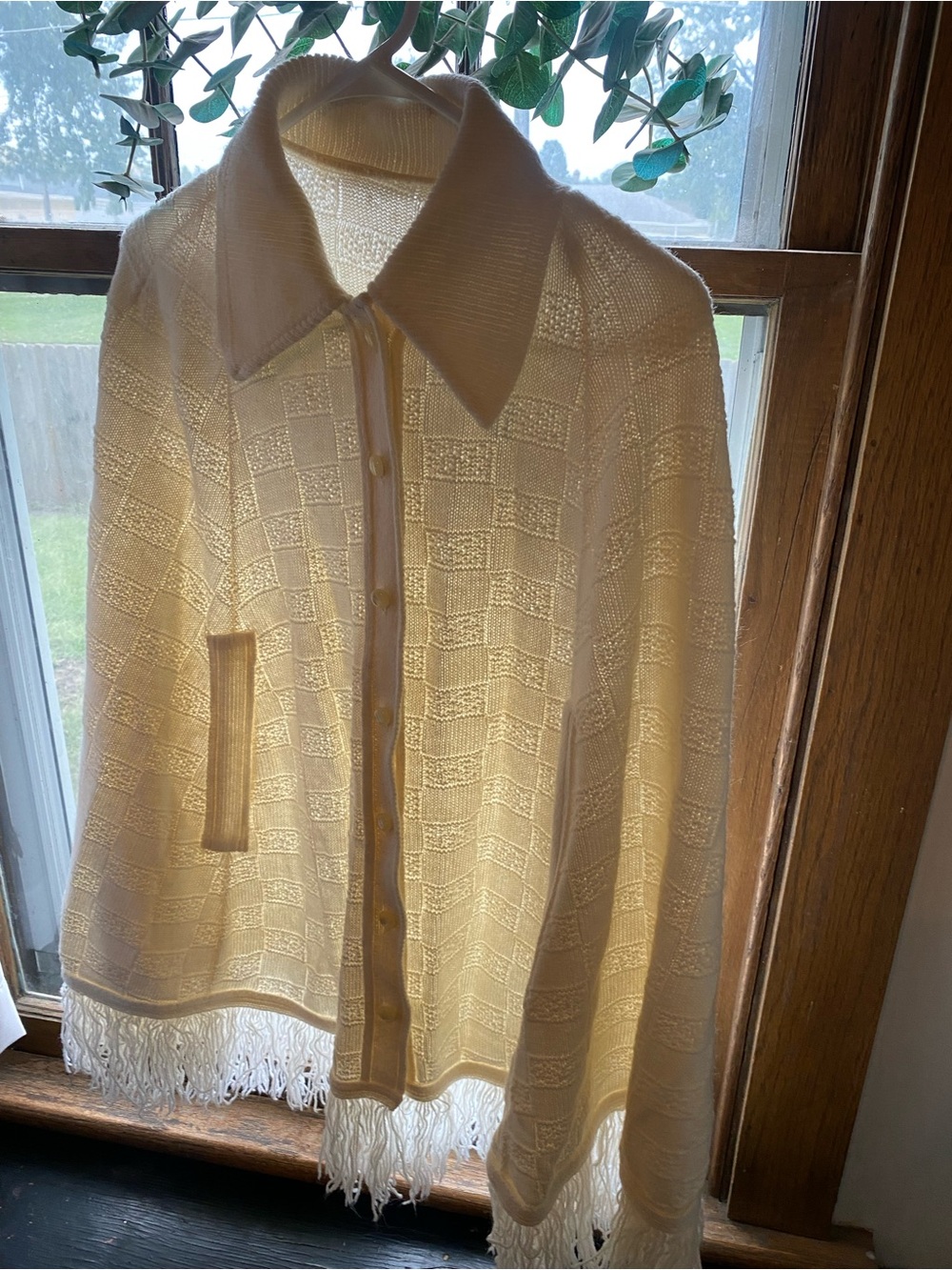Vintage Cream Fringe Knit Poncho Coat with Collar